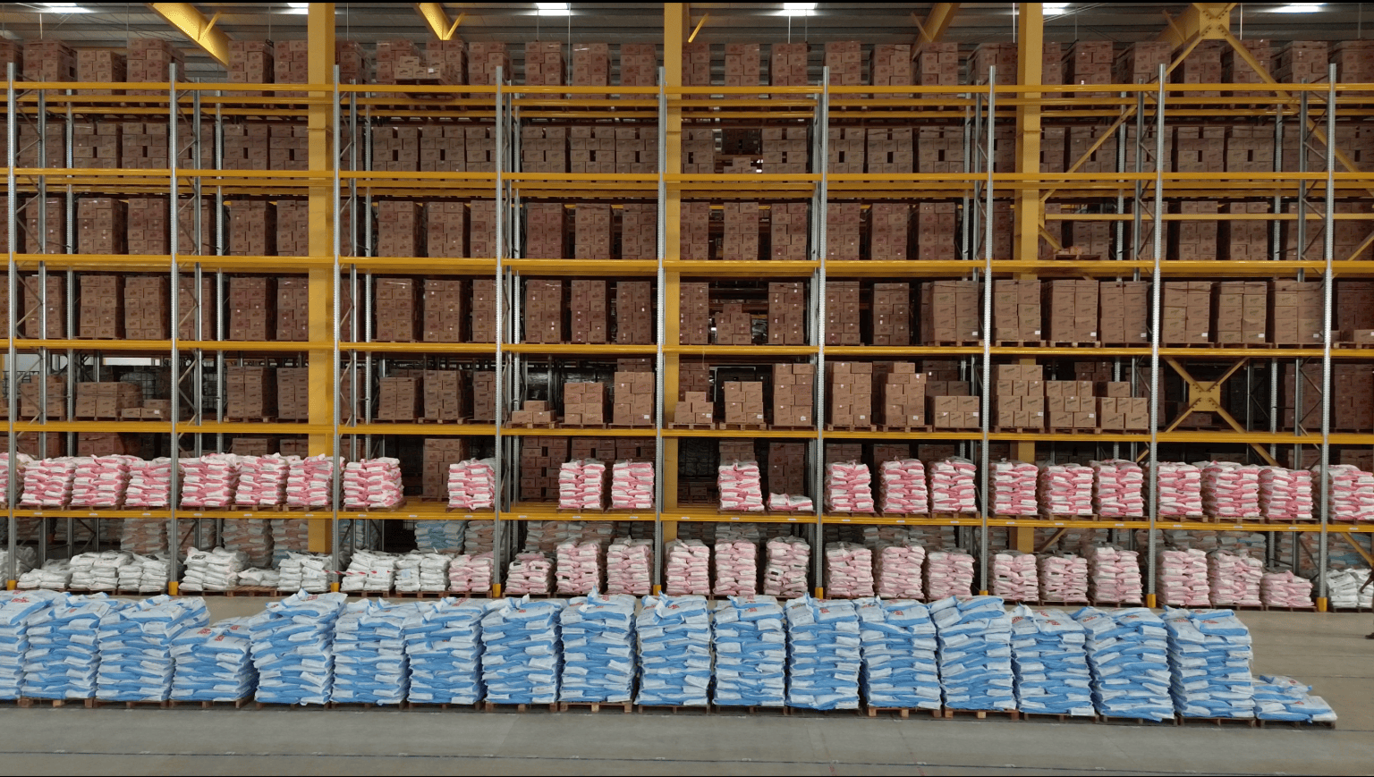 Bagged agricultural stock and palletised cartons stored on racking at Connect Logistics Khairpur