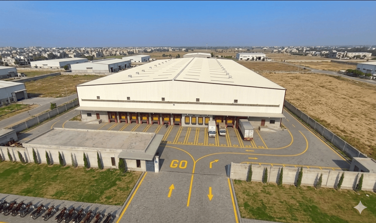 Aerial view of the Connect Logistics warehouse inside Khairpur Special Economic Zone with loading docks and marked yard