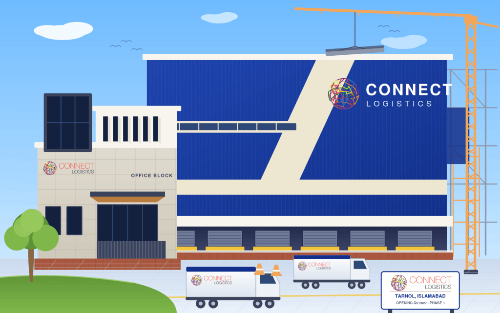 Illustration of the planned Connect Logistics warehouse and cold storage facility at Tarnol, Islamabad, showing the office block, loading docks and the far end still under construction