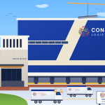 Illustration of the planned Connect Logistics warehouse and cold storage facility at Tarnol, Islamabad, showing the office block, loading docks and the far end still under construction